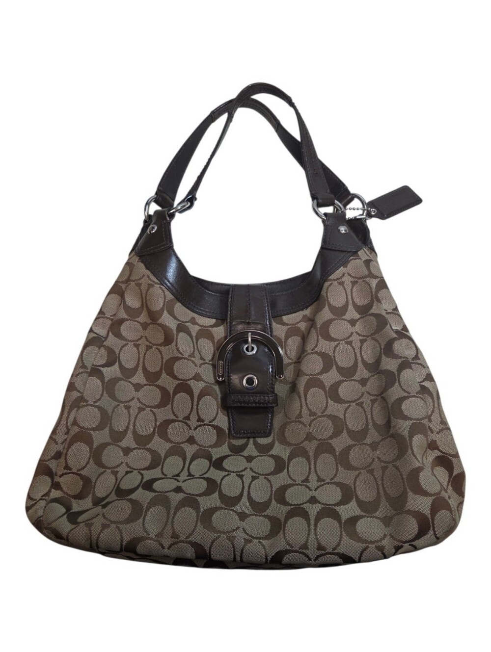 Coach Soho Lynn Signature Hobo Bag Tan Brown Leather Trim F17403